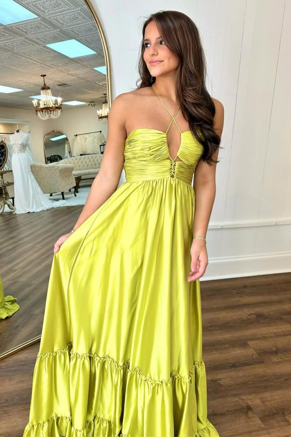 Chic Yellow A-Line Spaghetti Straps Lace Up Long Satin Prom Dress 