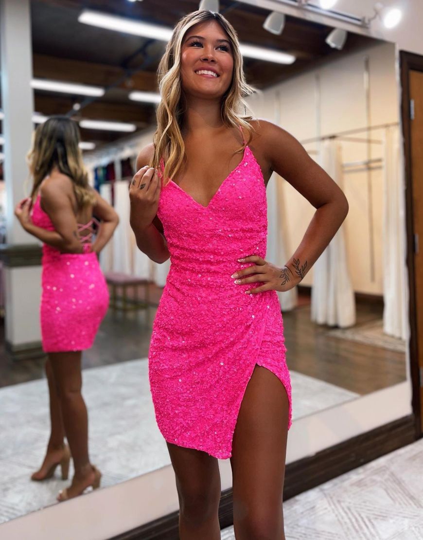 Corset Back Sequin Short Homecoming Dress With Split