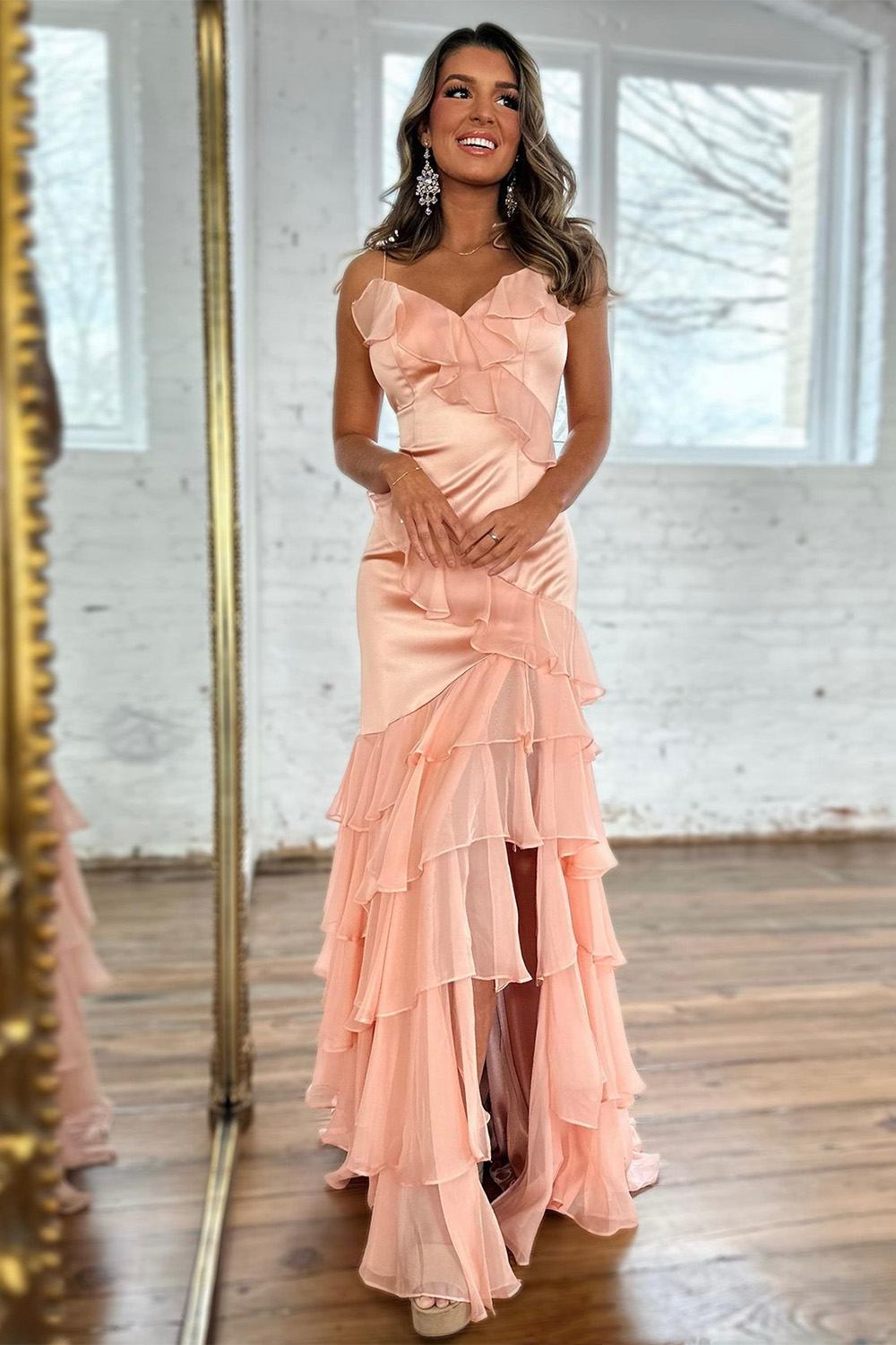 Cute Blush Spaghetti Straps Long Mermaid Prom Dress With Ruffles