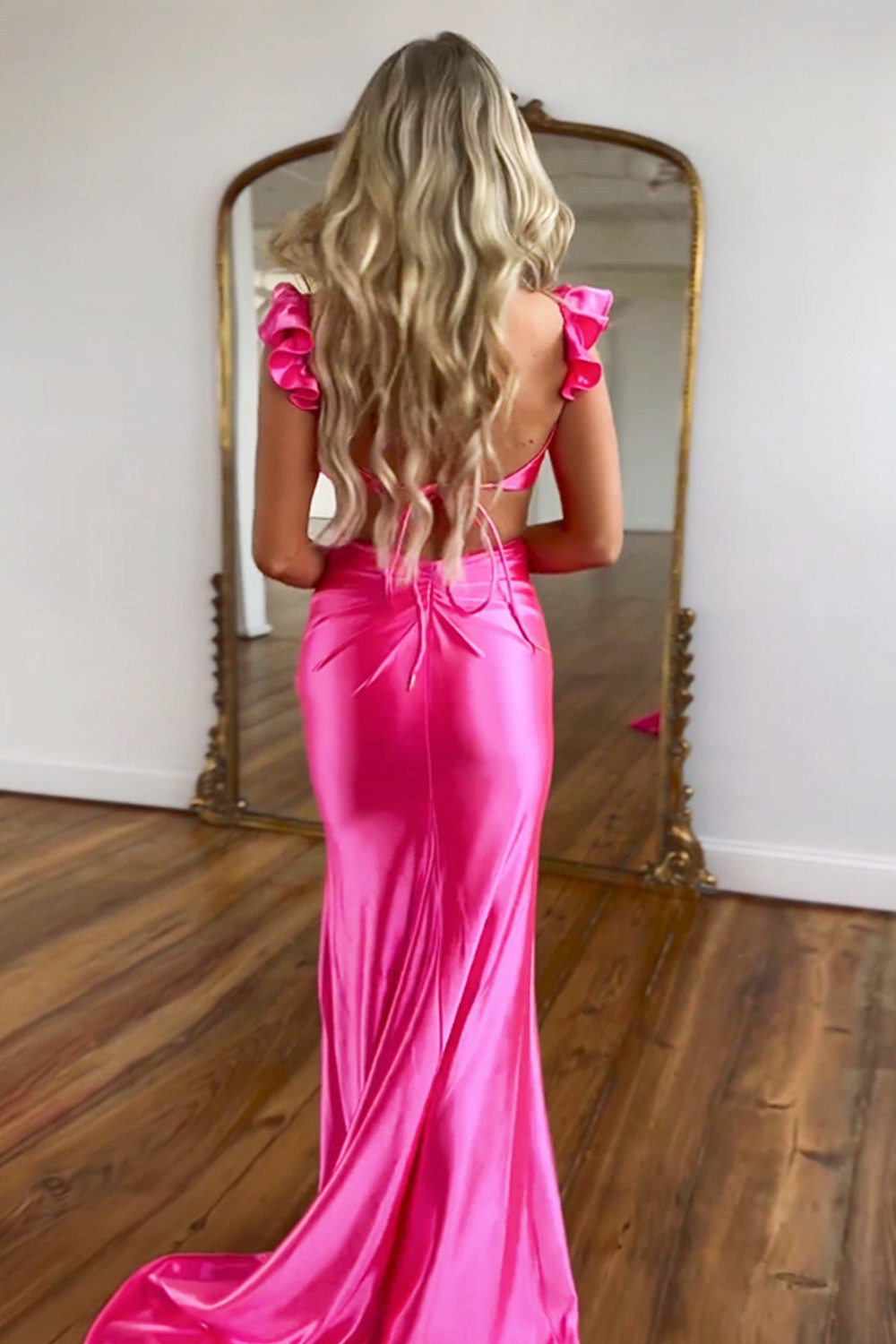 Cute Hot Pink Mermaid Cutout Waist Long Satin Prom Party Dress