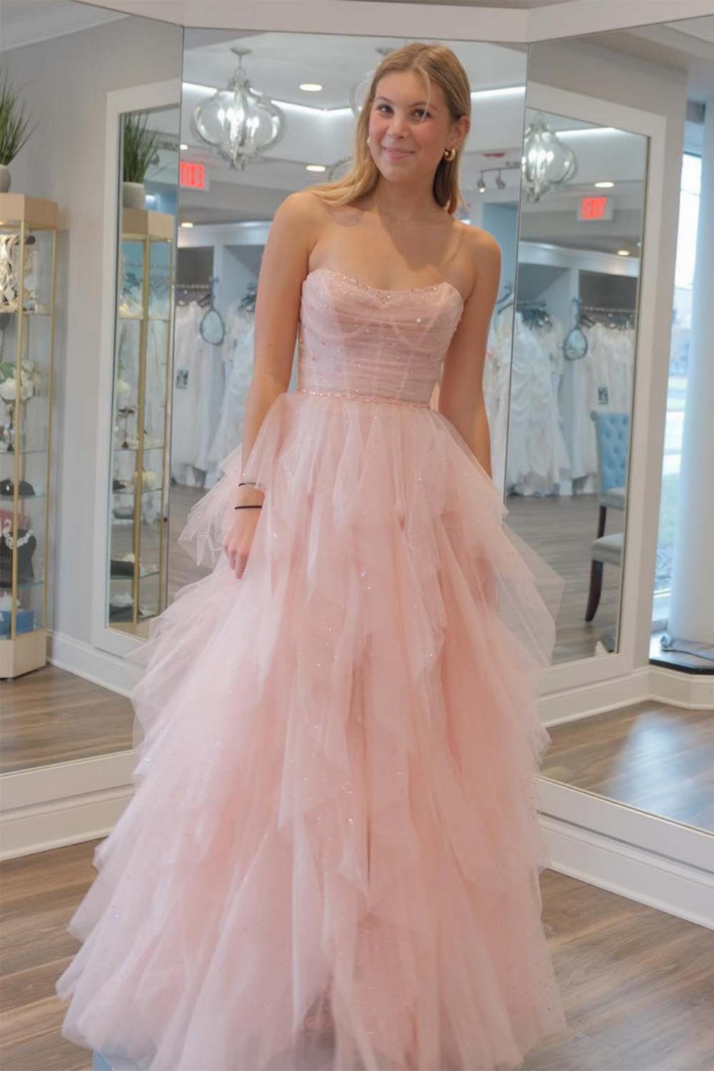 Cute Light Pink Ruffle Prom Dress with Bodice Corset