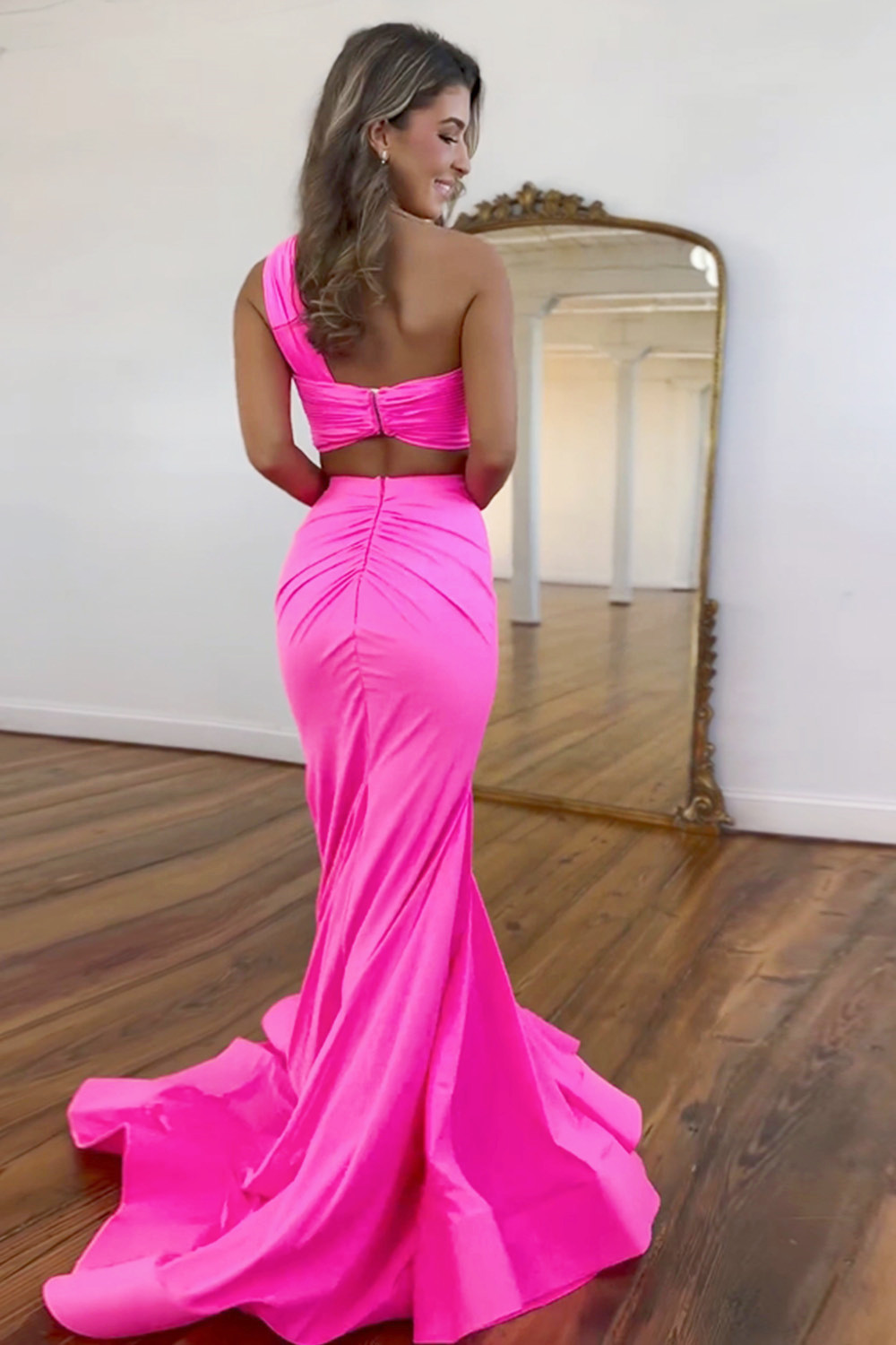 Cute Pink Satin One Shoulder Cutout Waist Long Mermaid Prom Dress