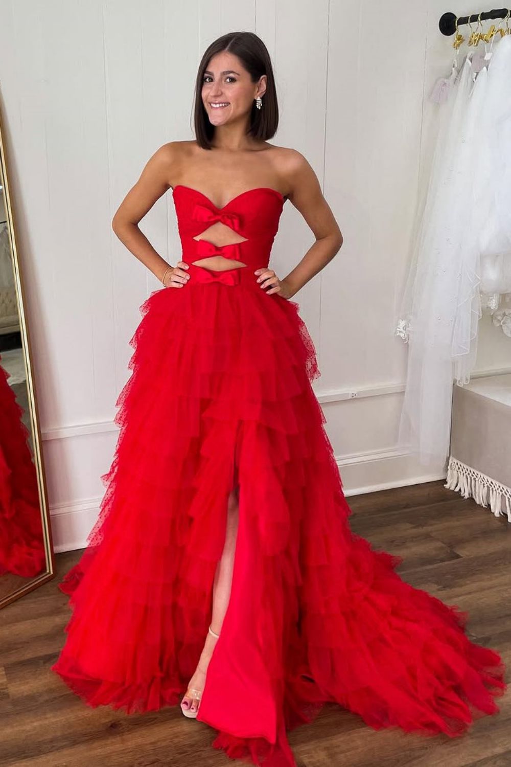 Stylish A-Line Sweetheart Long Layered Glitter Tulle Prom Dress With Slit