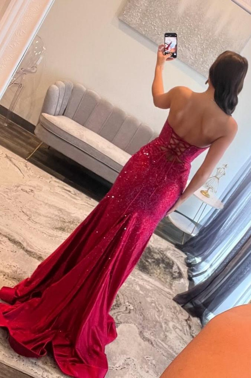 Cute Yellow Mermaid Strapless Long Beaded Prom Dress with Slit