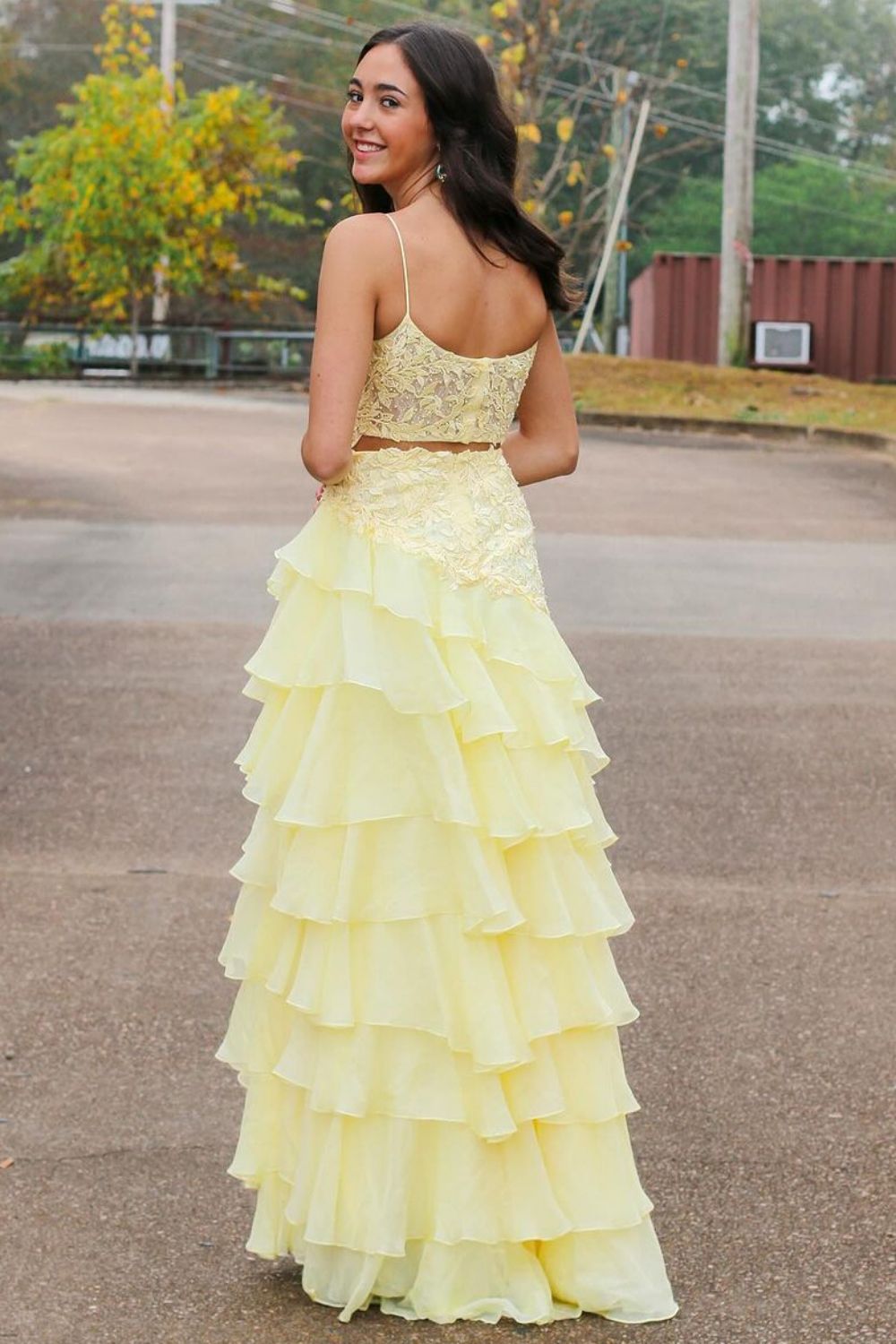 Cute Yellow Mermaid Spaghetti Straps Long Lace Prom Dress with Slit