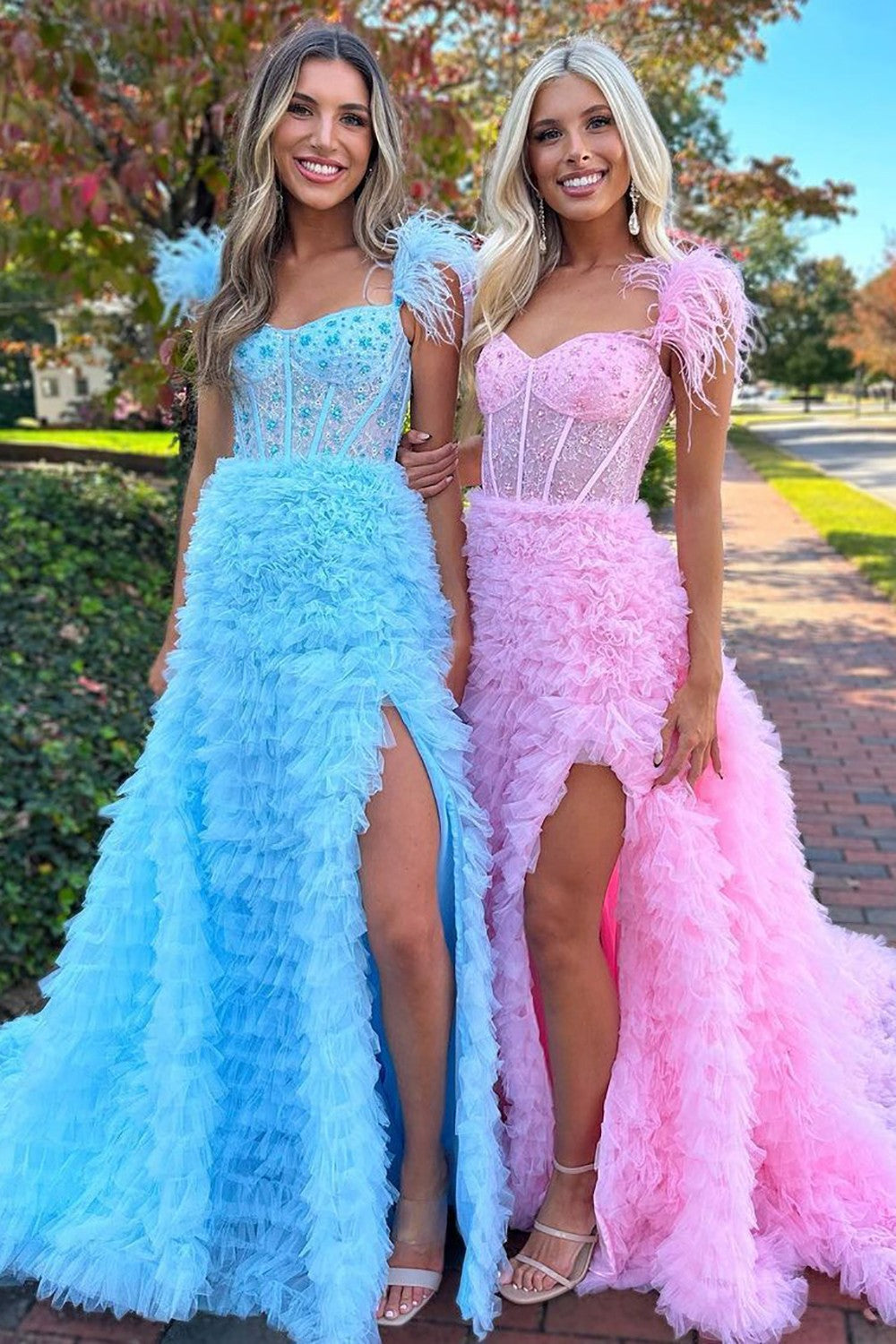 Cute A-Line Feather Straps Long Ruffle Prom Dress With Split