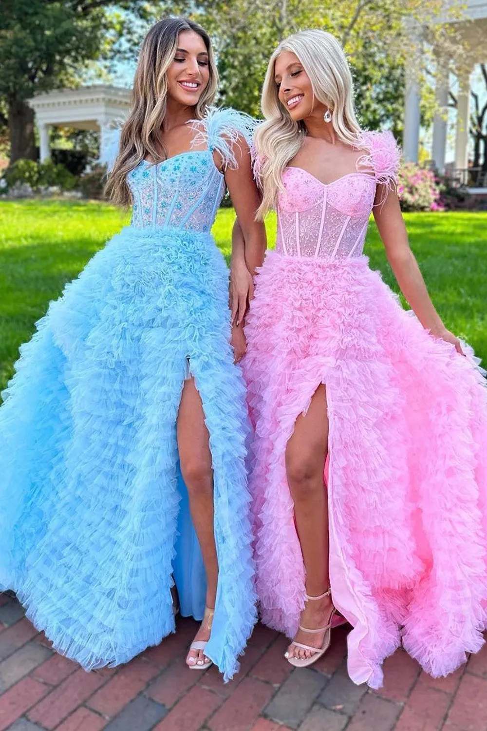 Princess A-Line Feather Straps Long Ruffle Prom Dress With Split