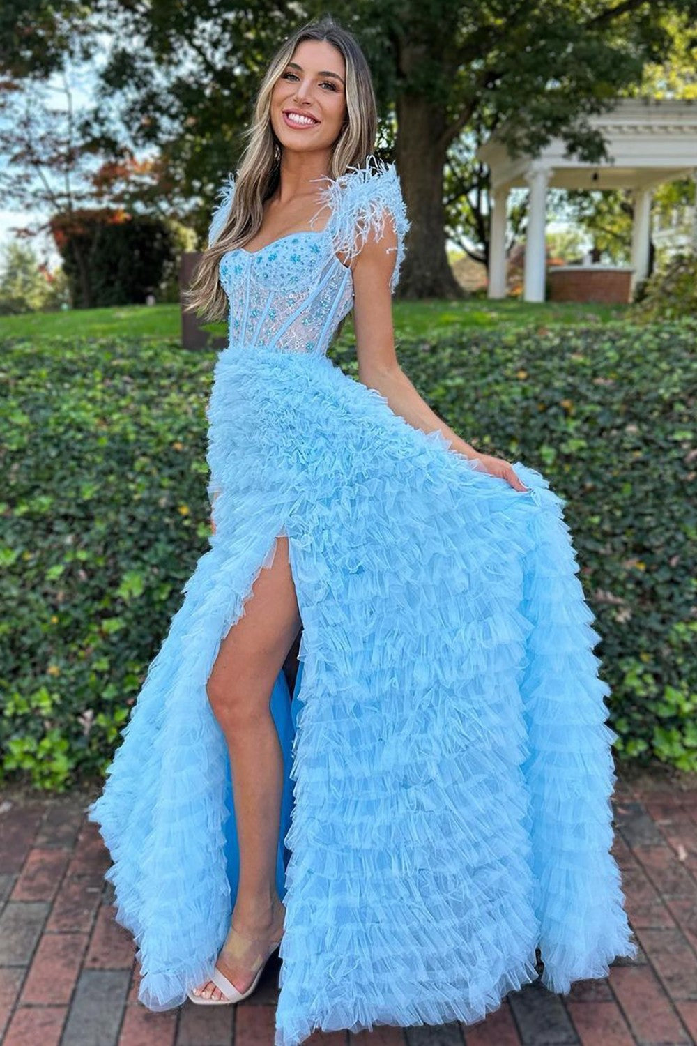 Cute A-Line Feather Straps Long Ruffle Prom Dress With Split