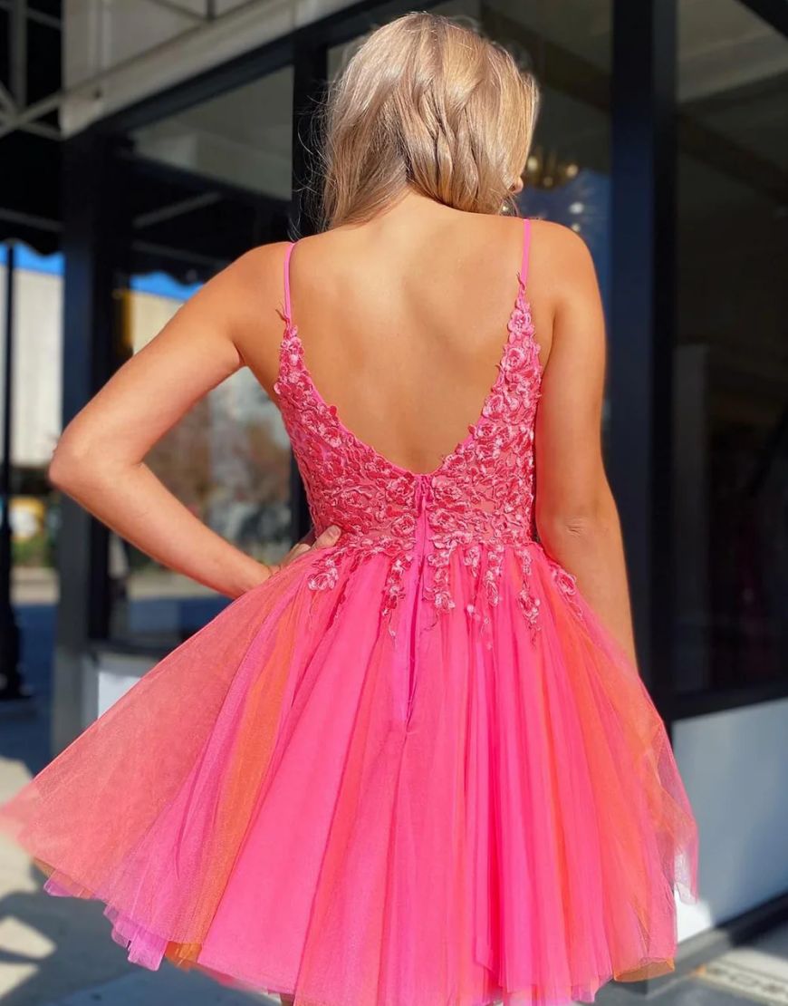 Cute A-Line Hot Pink Short Tulle Homecoming Dress with Appliques