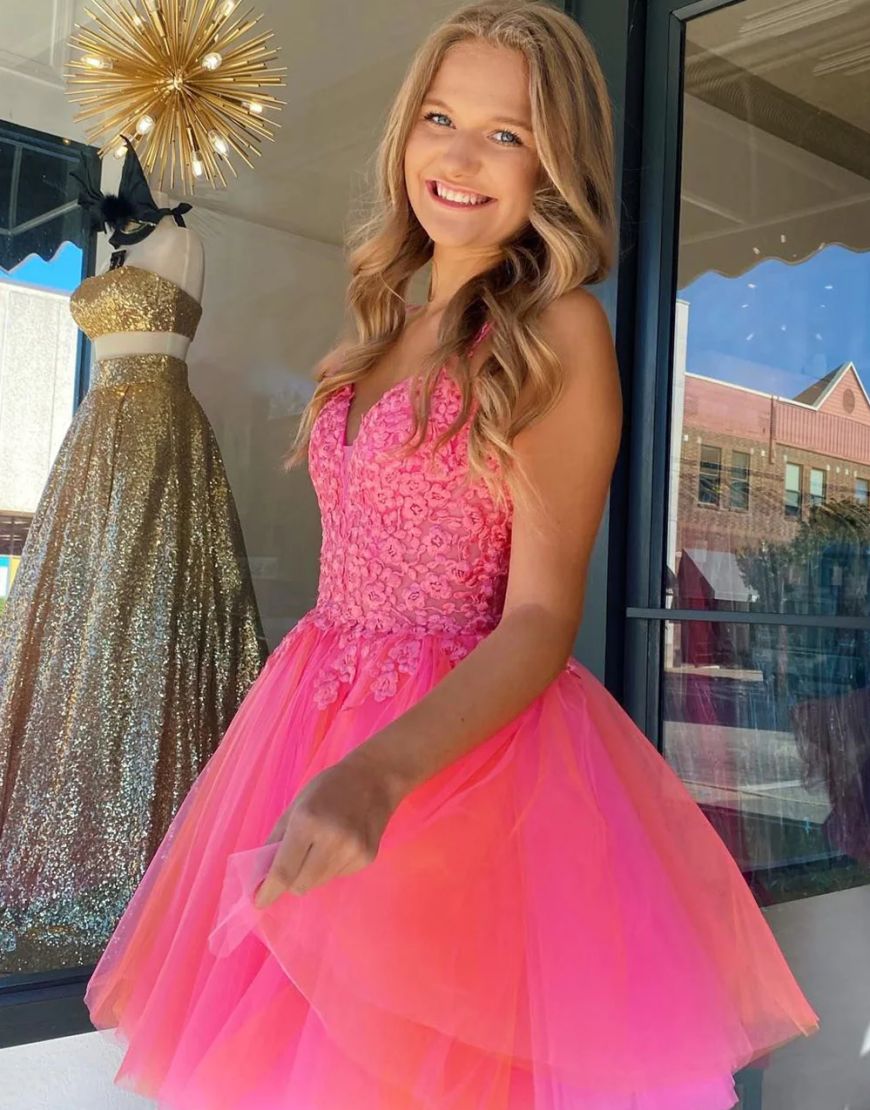 Cute A-Line Hot Pink Short Tulle Homecoming Dress with Appliques