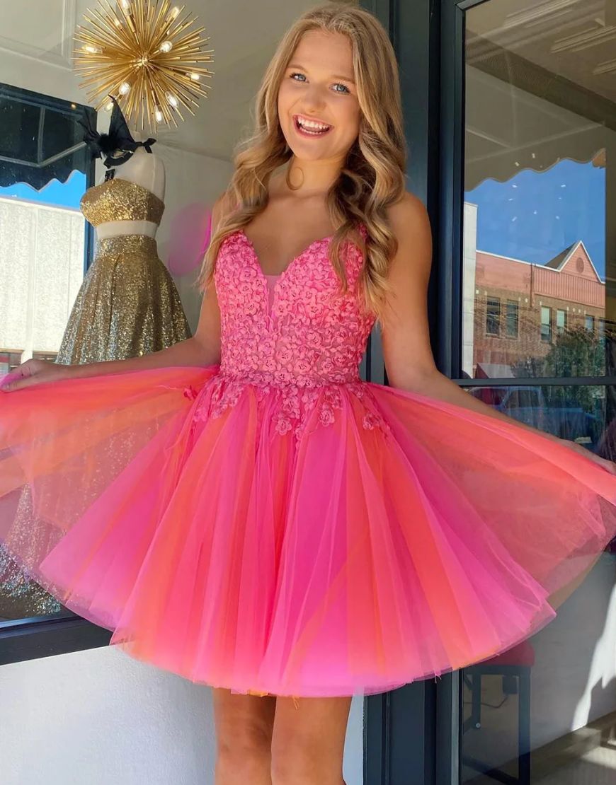 Cute A-Line Hot Pink Short Tulle Homecoming Dress with Appliques