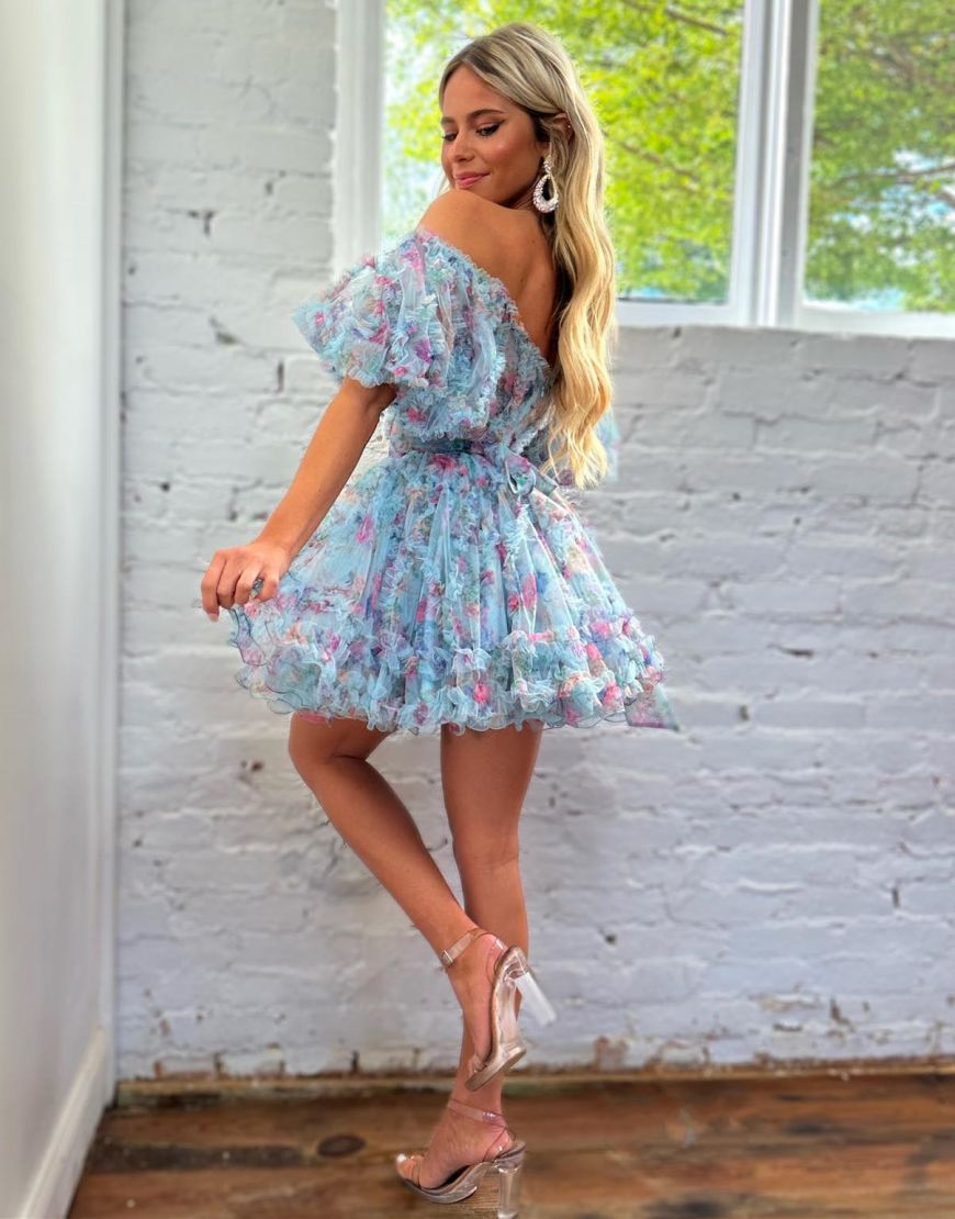 Cute A-Line Off The Shoulder Short Tulle Print Homecoming Dress
