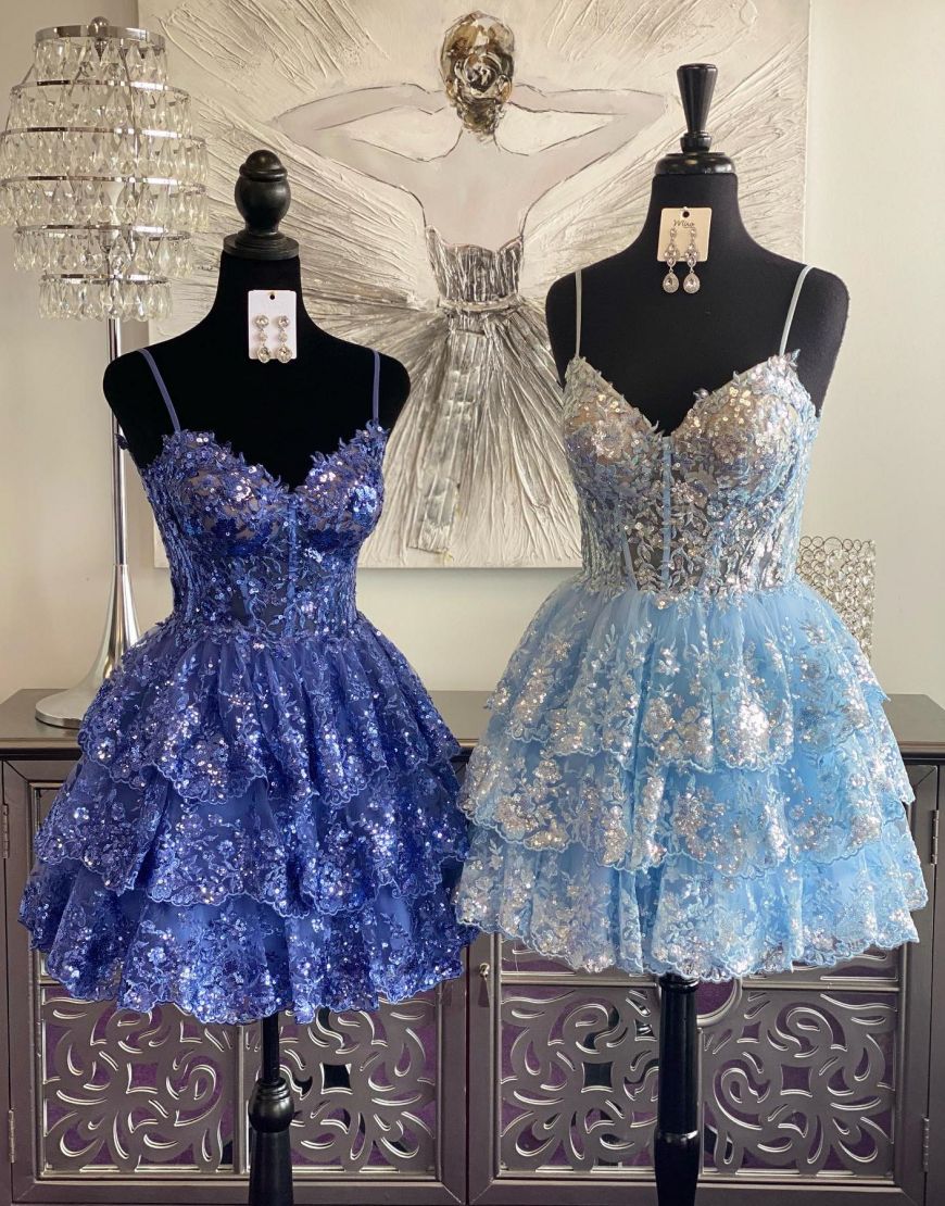 Cute A-Line Spaghetti Straps Short Layered Glitter Homecoming Dress