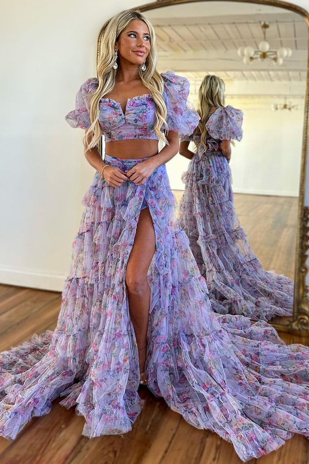 Cute A-Line Two Pieces Square Neck Long Print Tulle Prom Dress With Split