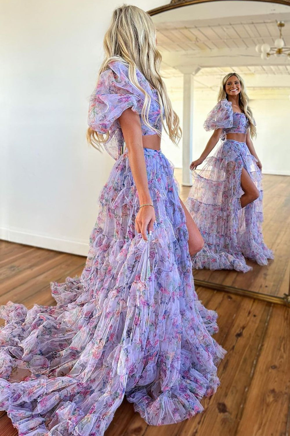 Cute A-Line Two Pieces Square Neck Long Print Tulle Prom Dress With Split