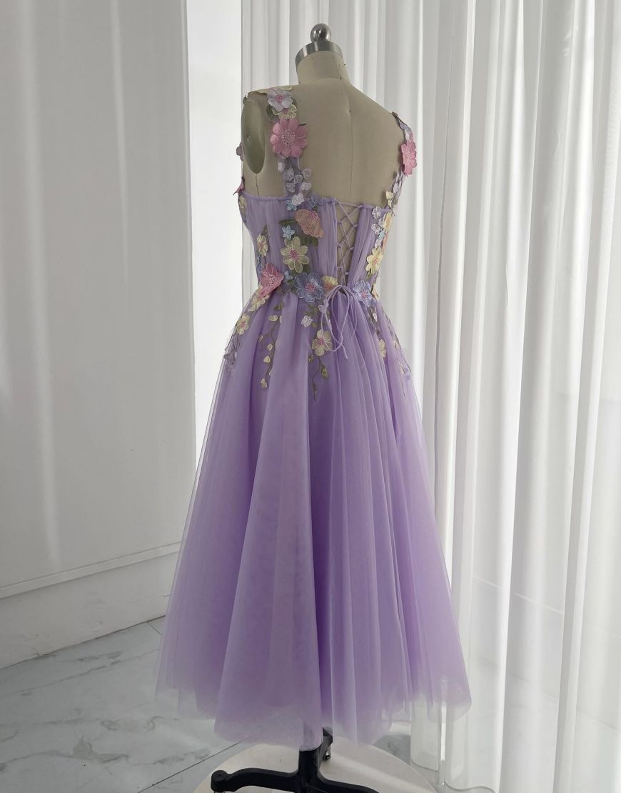 Cute Lilac A-Line Midi Homecoming Dress With Embroidery Flowers