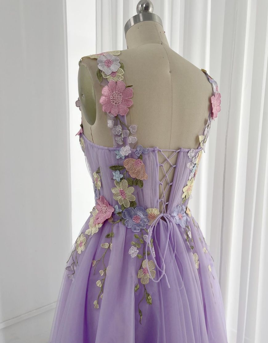 Cute Lilac A-Line Midi Homecoming Dress With Embroidery Flowers