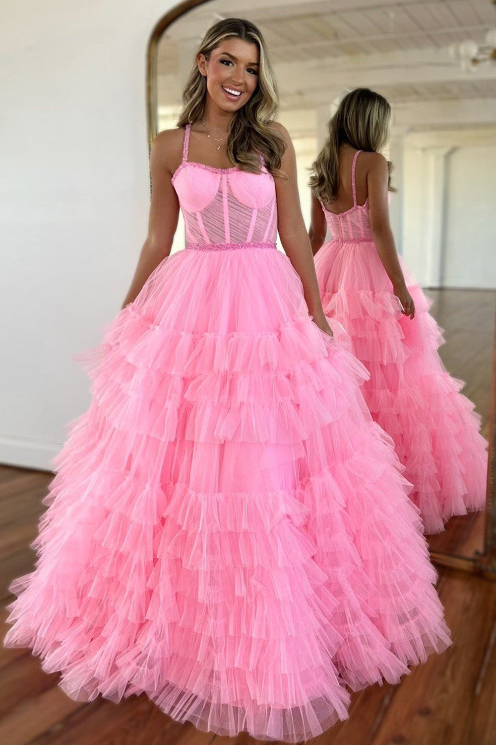 Cute Pink A-Line Spaghetti Straps Long Tiered Tulle Prom Dress