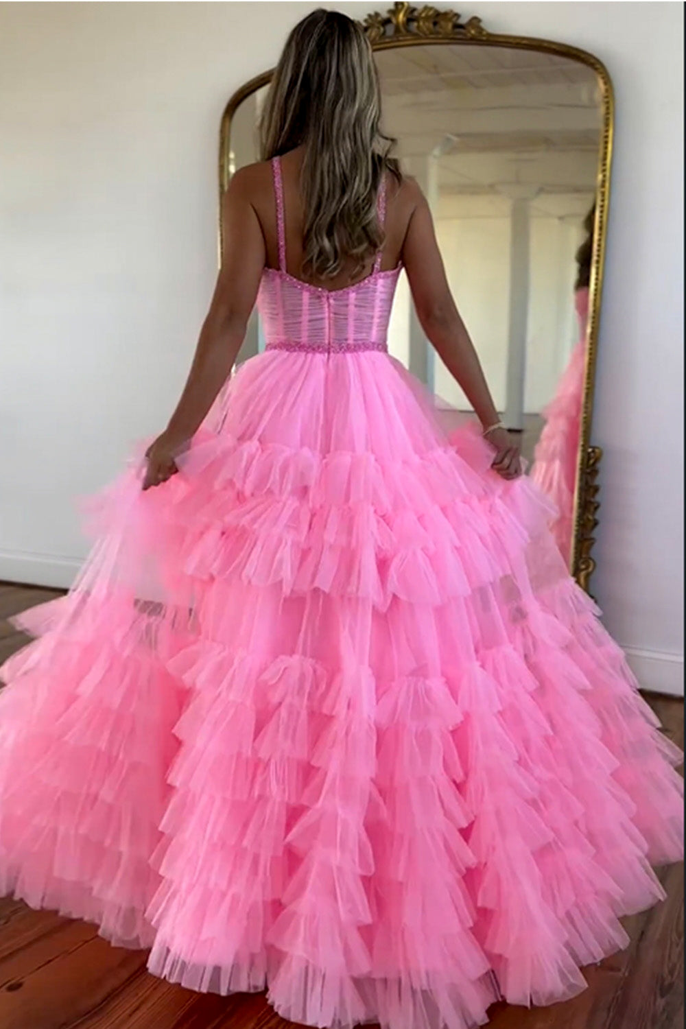 Cute Pink A-Line Spaghetti Straps Long Tiered Tulle Prom Dress