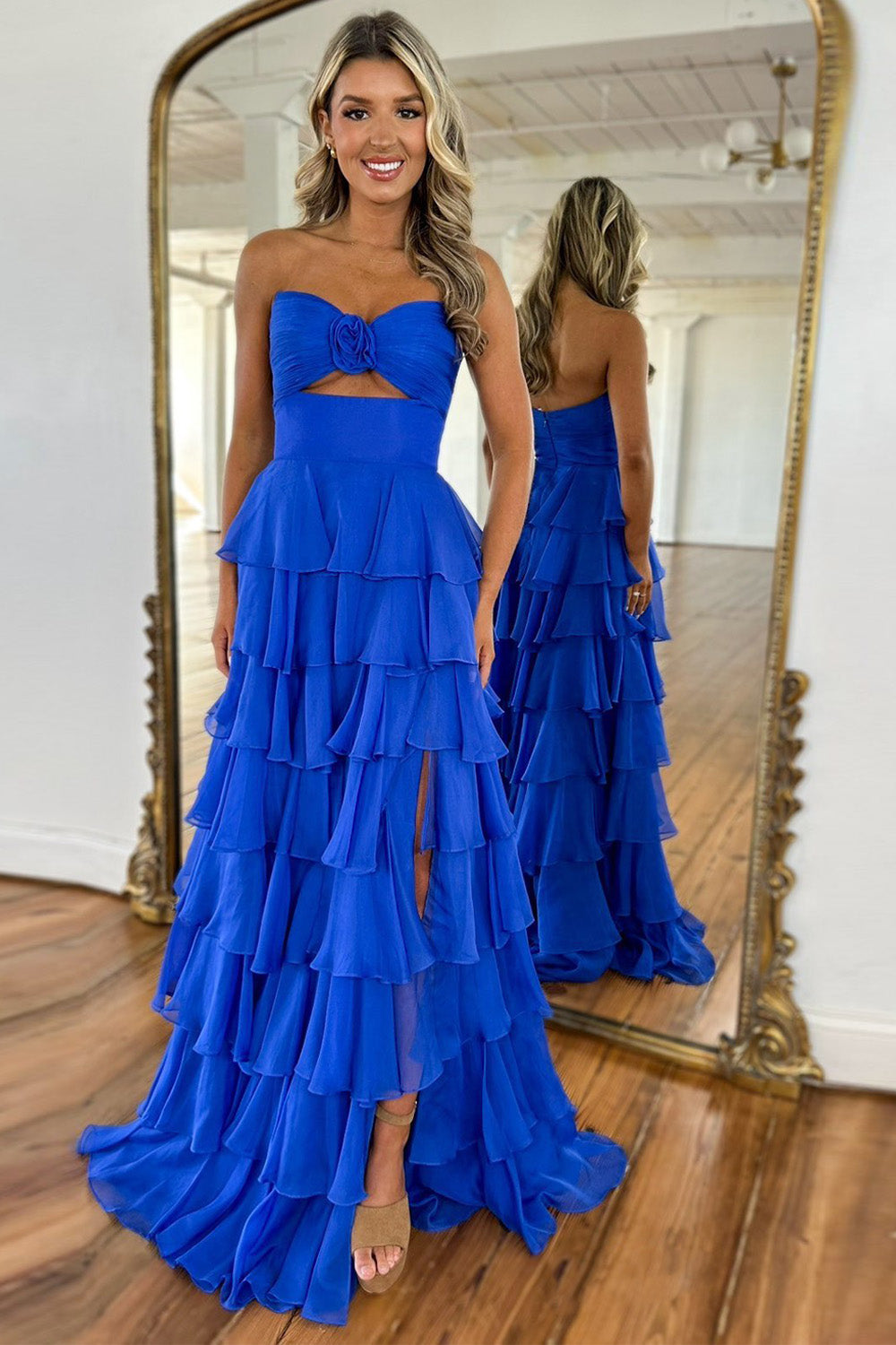 Cute Royal Blue A-Line Strapless Long Tiered Prom Dress with Slit