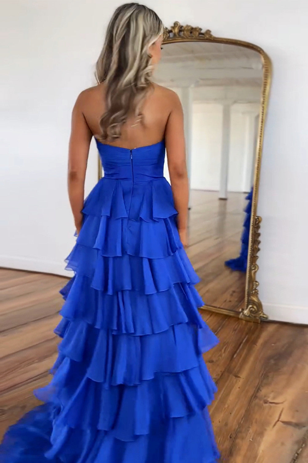 Cute Royal Blue A-Line Strapless Long Tiered Prom Dress with Slit