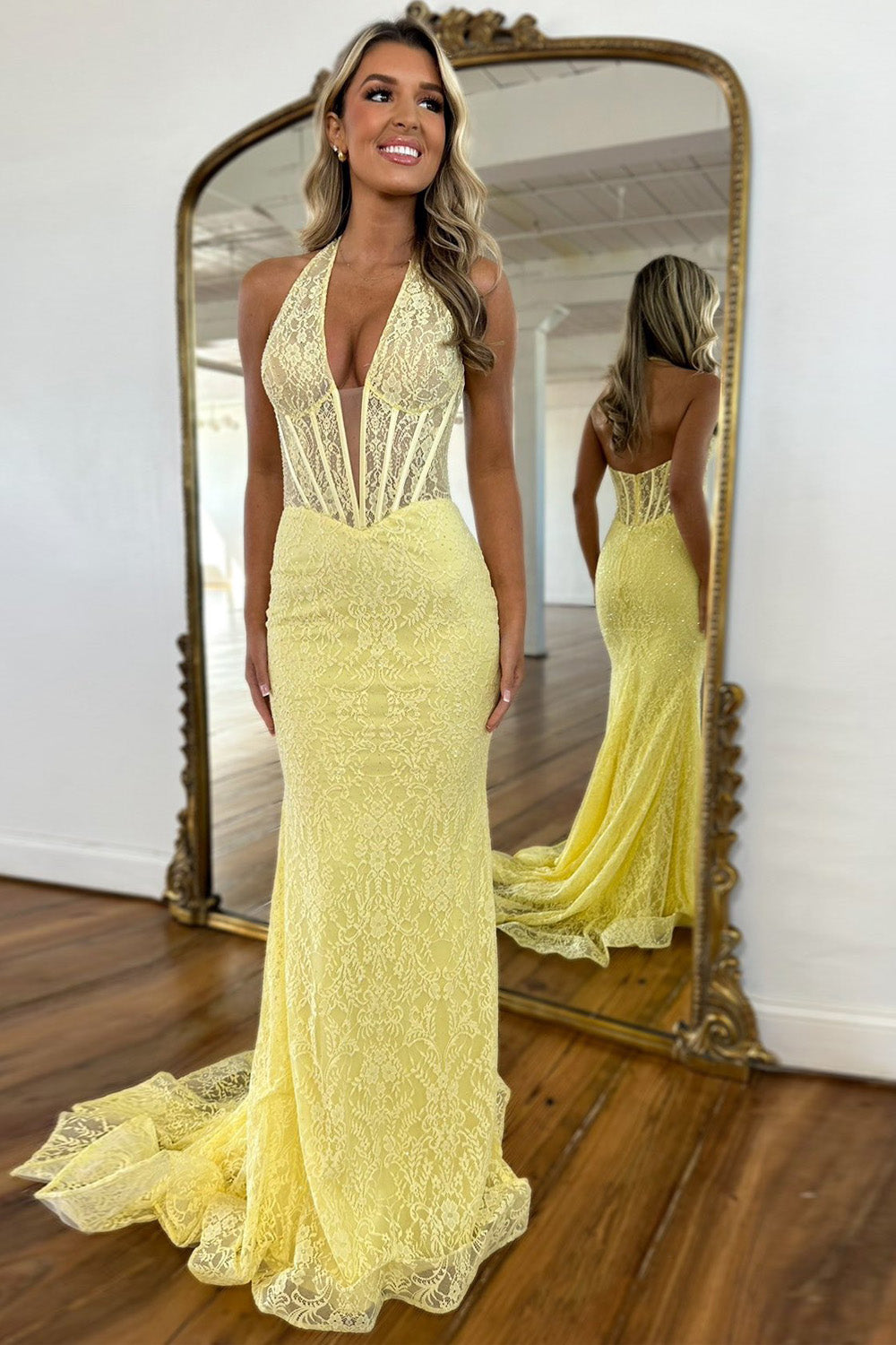 Cute Yellow Mermaid Halter Neck Backless Long Lace Prom Dress