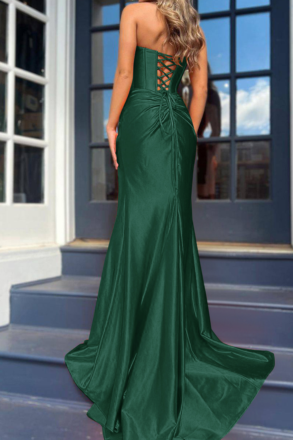 Mermaid Satin Strapless Lace Up Long Prom Dress With Slit