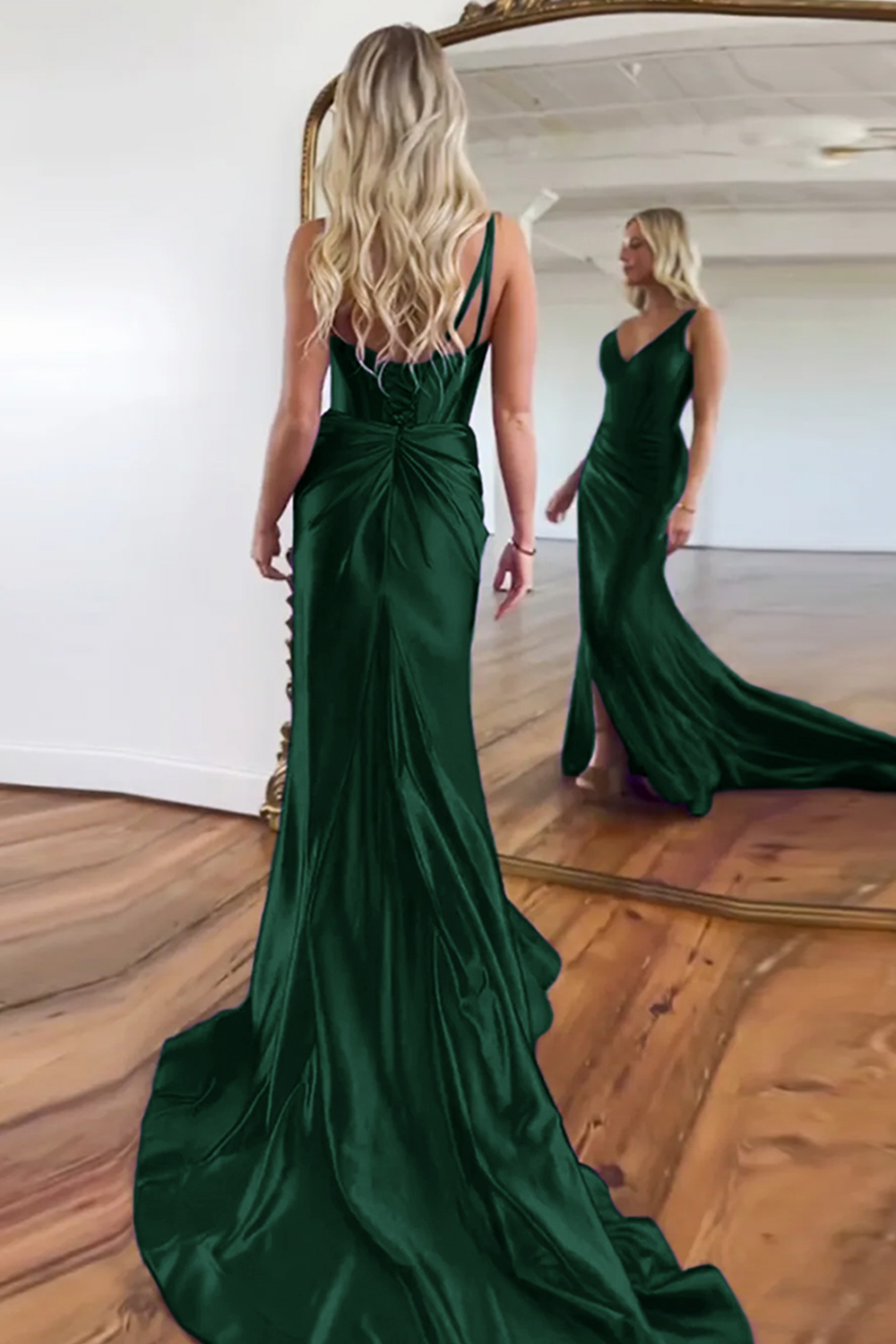 Purple Satin V-Neck Sweep Train Mermaid Prom Dress With Slit