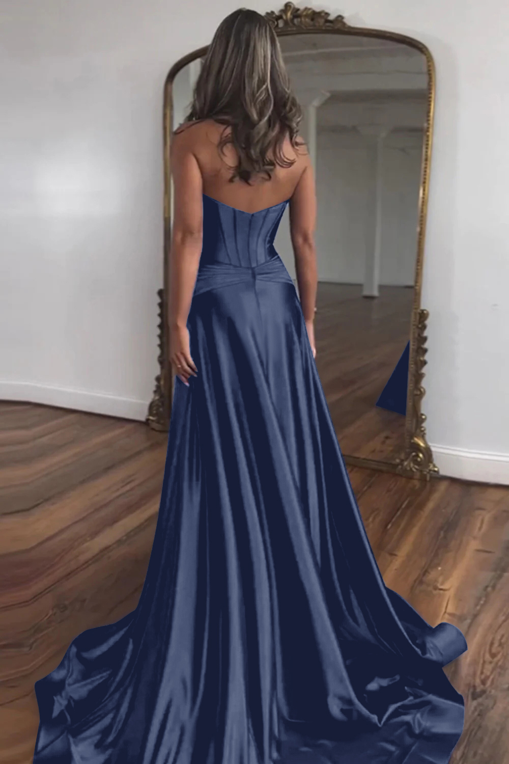 Royal Blue Sweetheart Zipper Back Long Satin Prom Dress With Split
