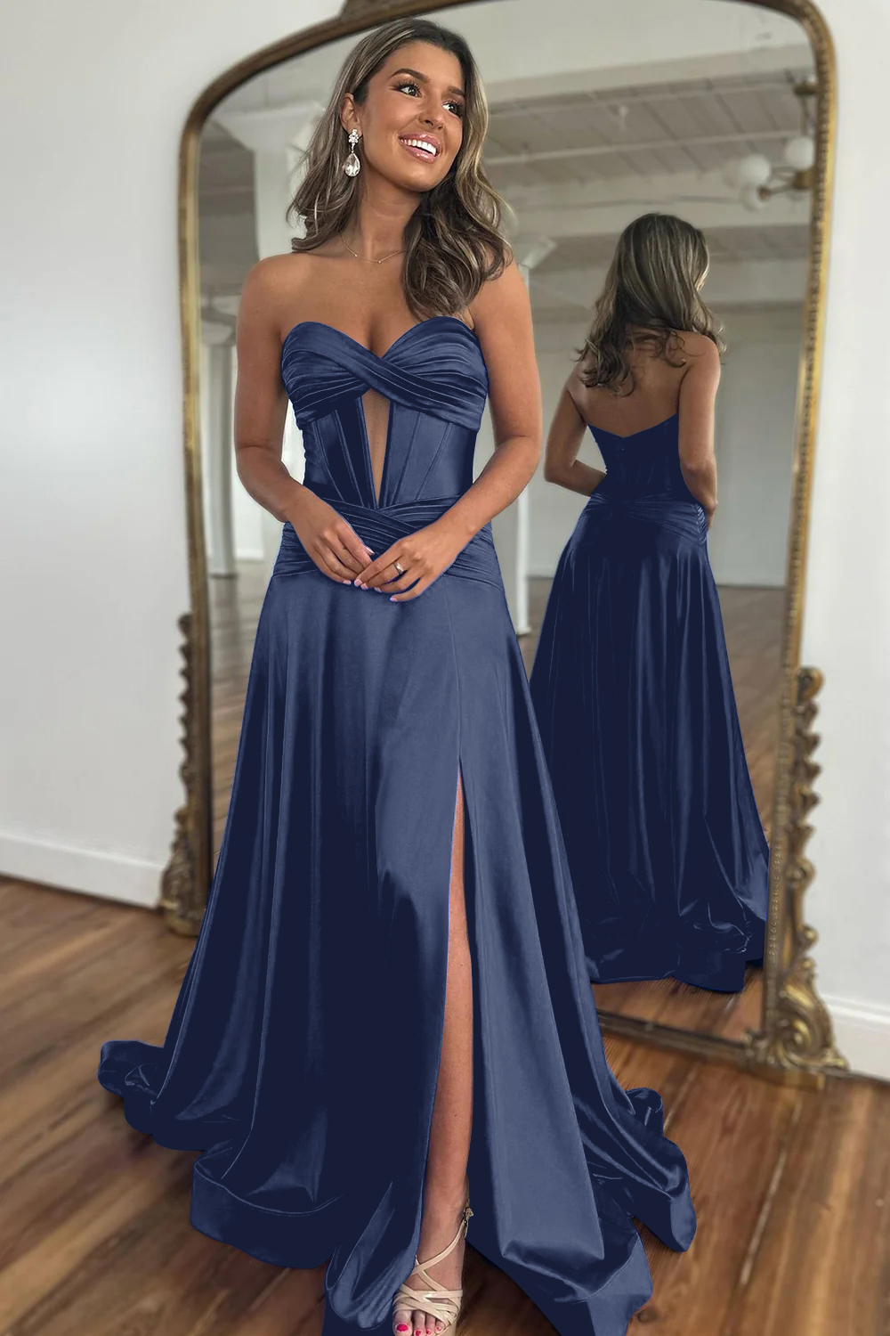 Royal Blue Sweetheart Zipper Back Long Satin Prom Dress With Split