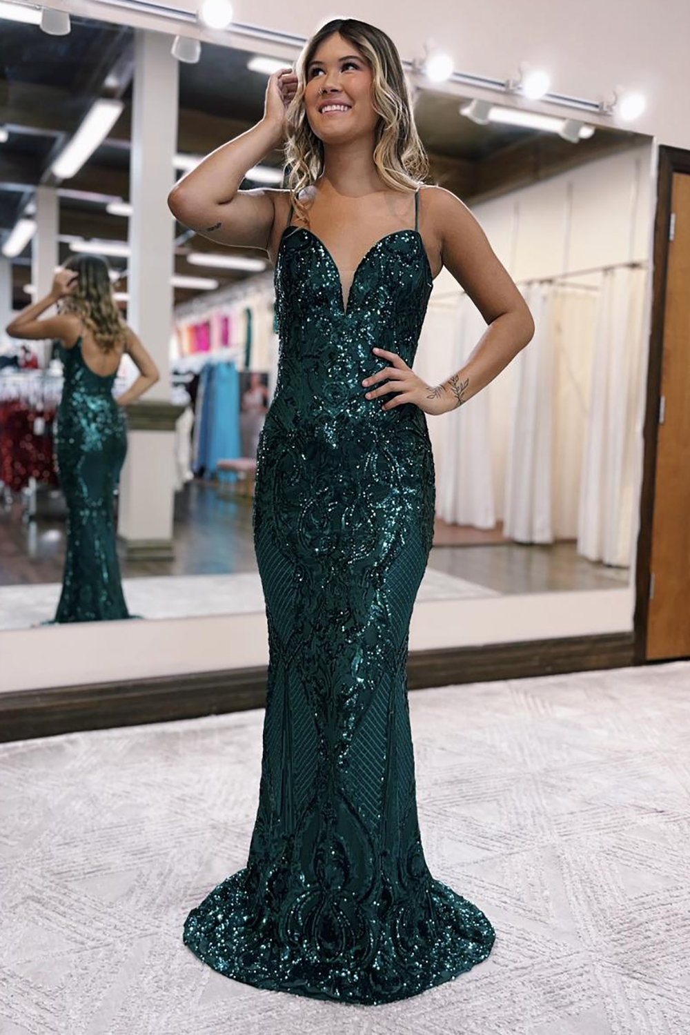 Dark Green Mermaid Spaghetti Straps Long Glitter Prom Dress