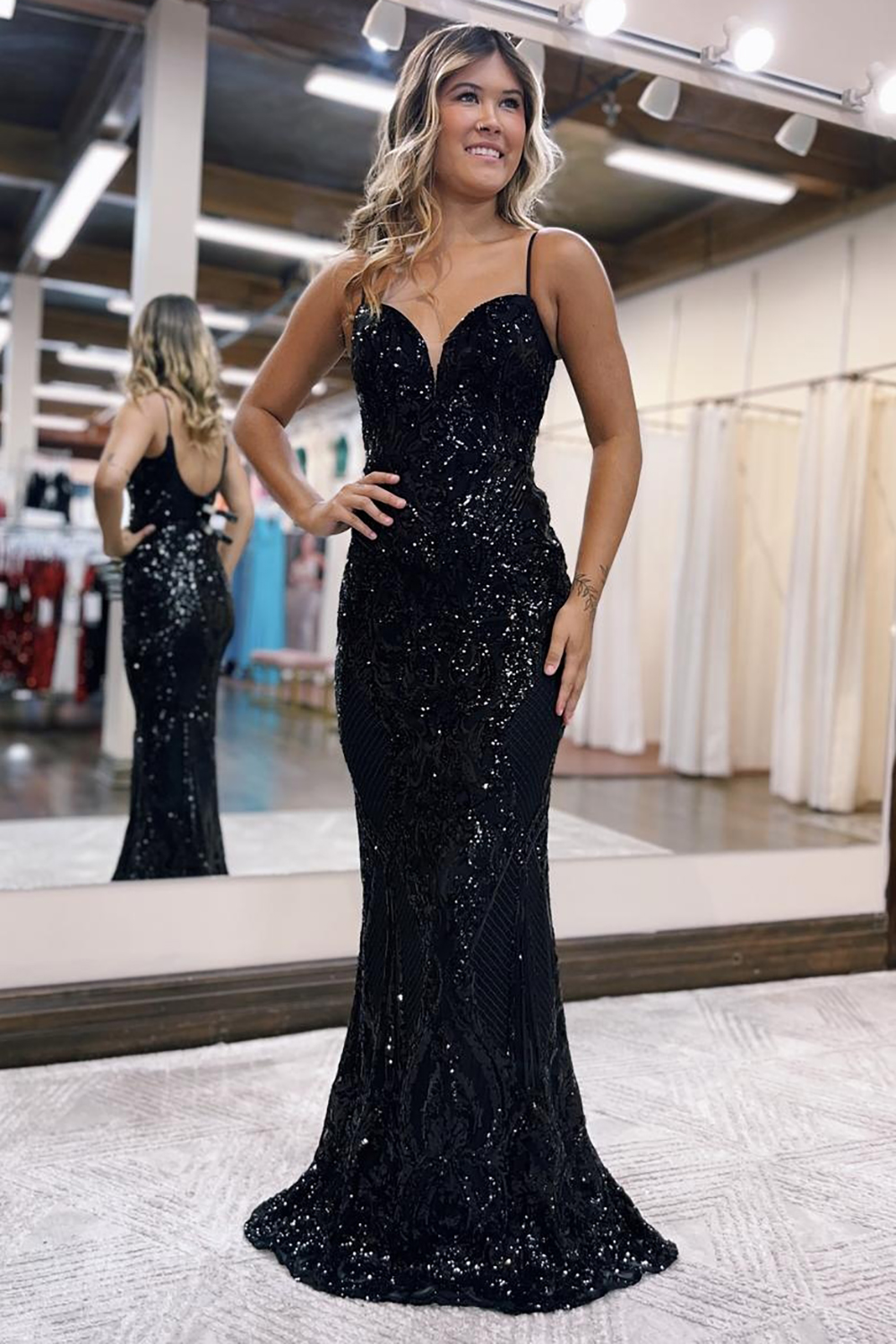 Dark Green Mermaid Spaghetti Straps Long Glitter Prom Dress
