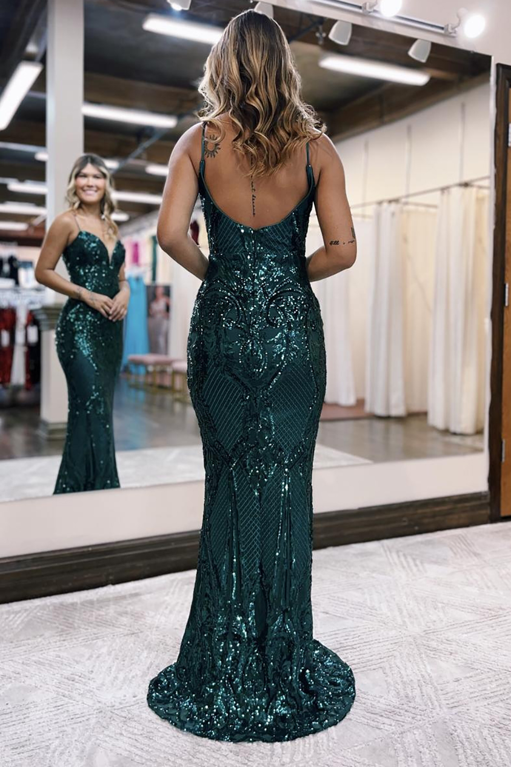 Dark Green Mermaid Spaghetti Straps Long Glitter Prom Dress