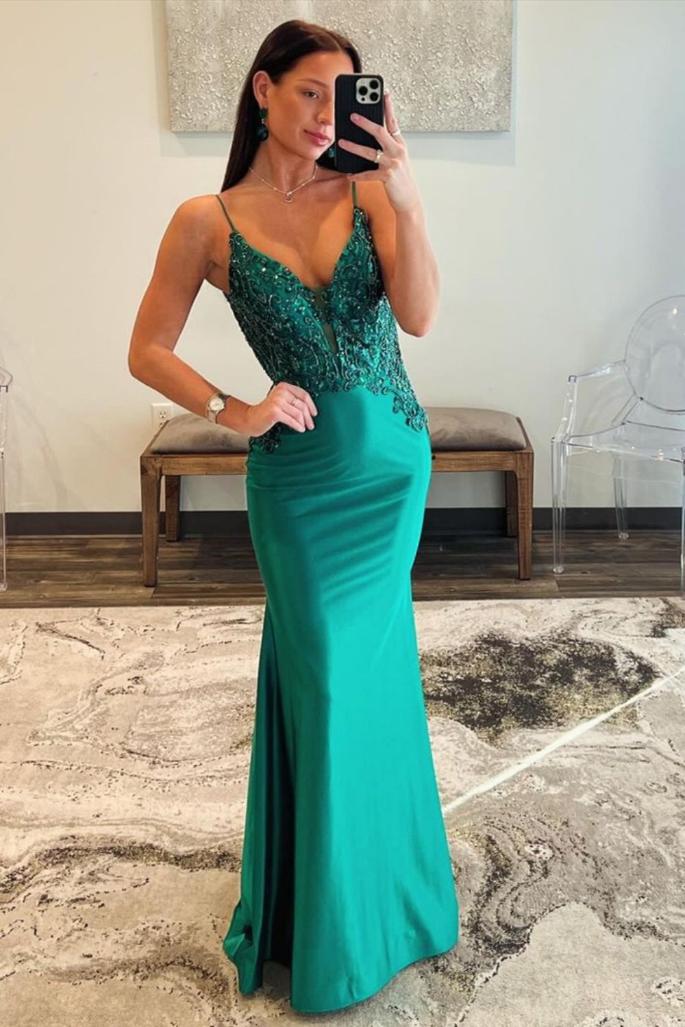 Dark Green Spaghetti Straps Mermaid Long Satin Prom Dress With Beading