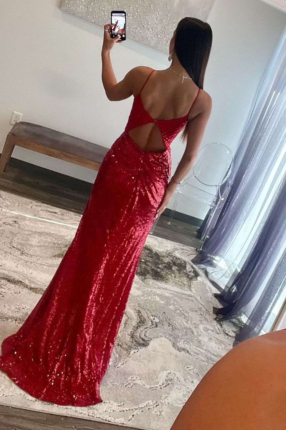 Dark Red Mermaid Spaghetti Straps Keyhole Back Long Sequin Prom Dress