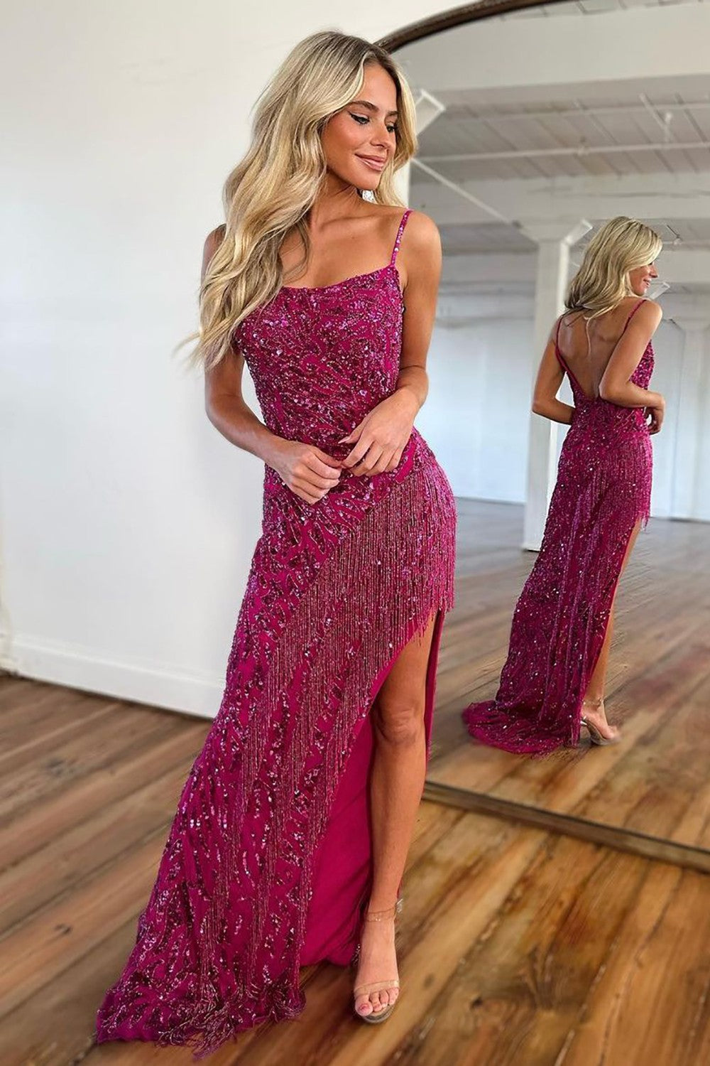 Dark Fuchsia Spaghetti Straps Backless Long Corset Prom Dress With Fringe