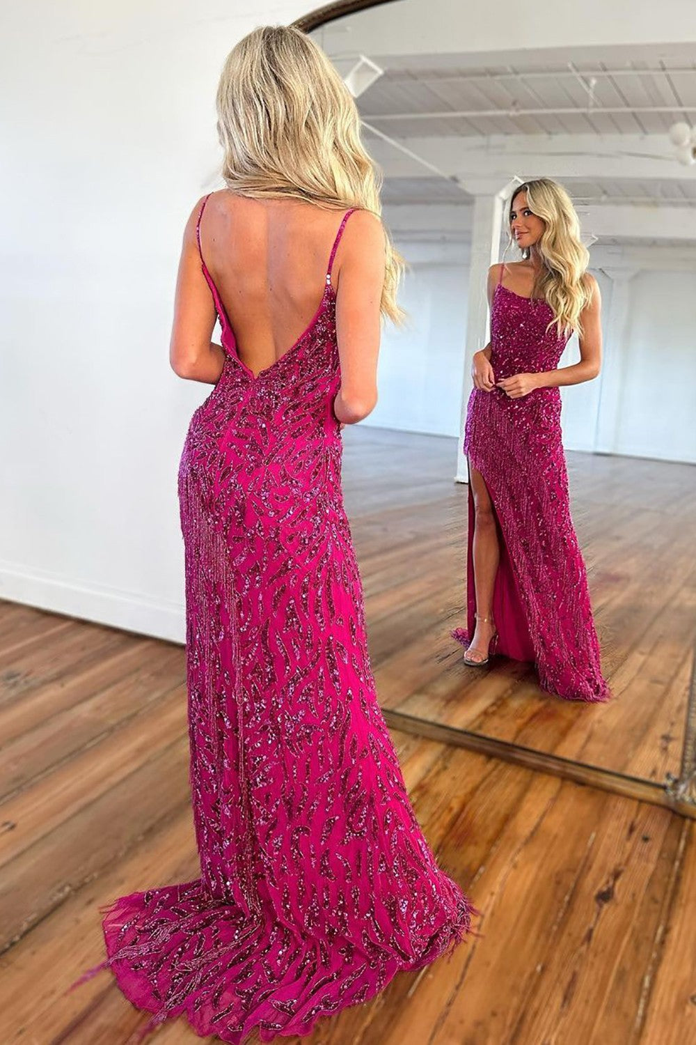 Dark Fuchsia Spaghetti Straps Backless Long Corset Prom Dress With Fringe