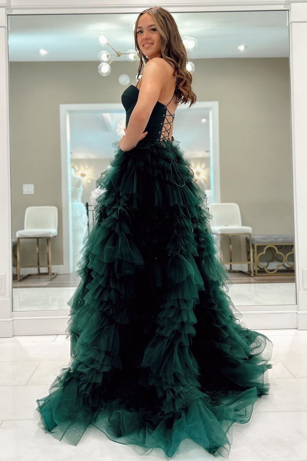 Dark Green A-Line Spaghetti Straps Long Tulle Prom Dress with High Slit