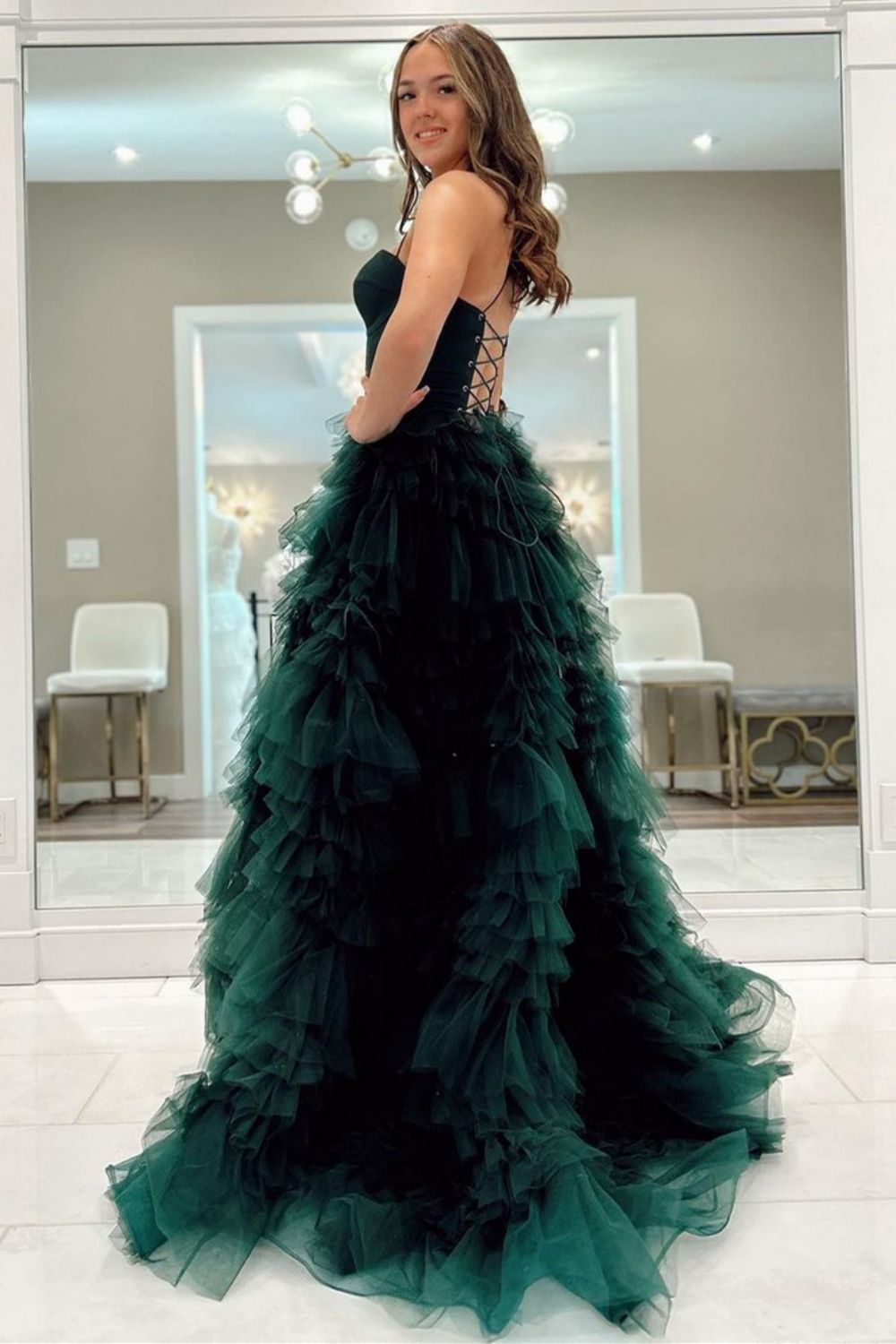 Dark Green A-Line Spaghetti Straps Long Tulle Prom Dress with High Slit