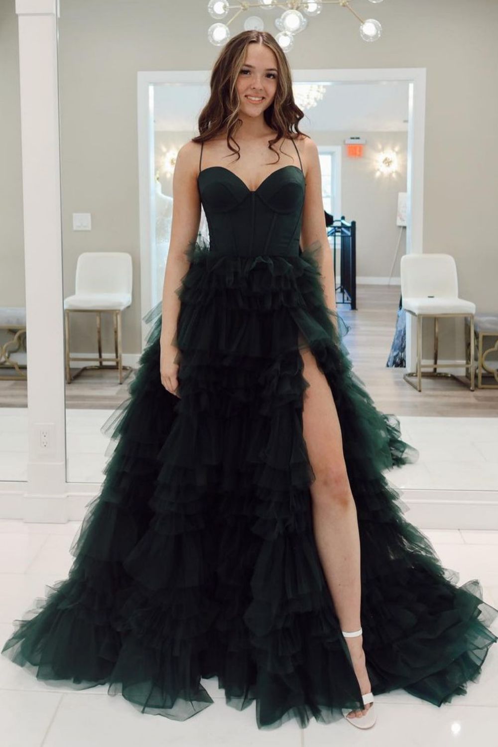 Dark Green A-Line Spaghetti Straps Long Tulle Prom Dress with High Slit