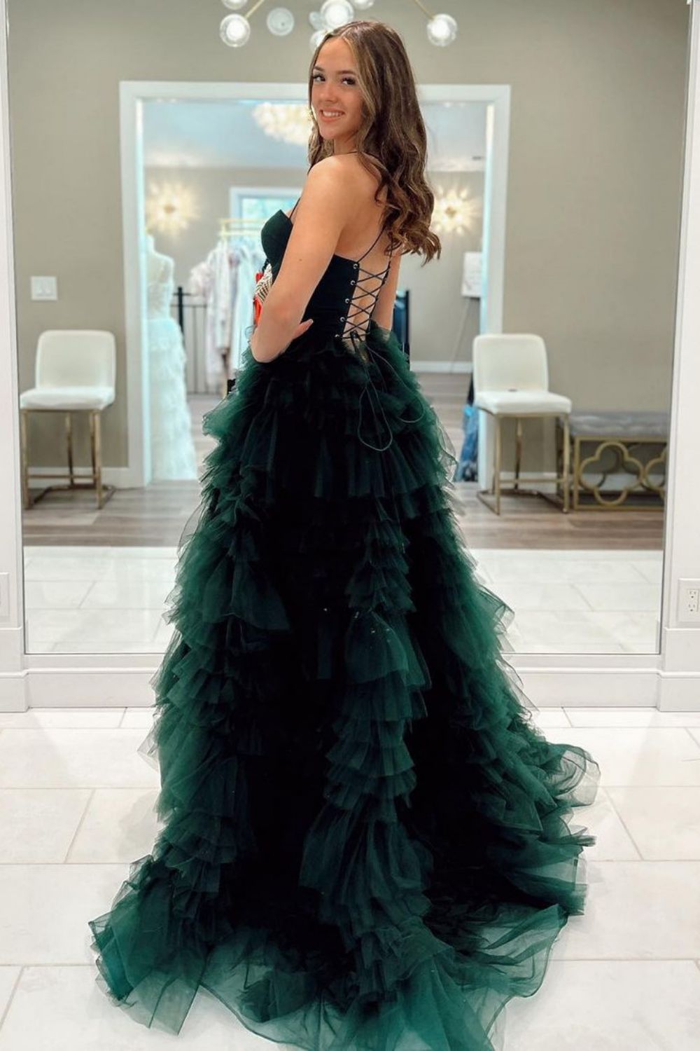 Dark Green A-Line Spaghetti Straps Long Tulle Prom Dress with High Slit