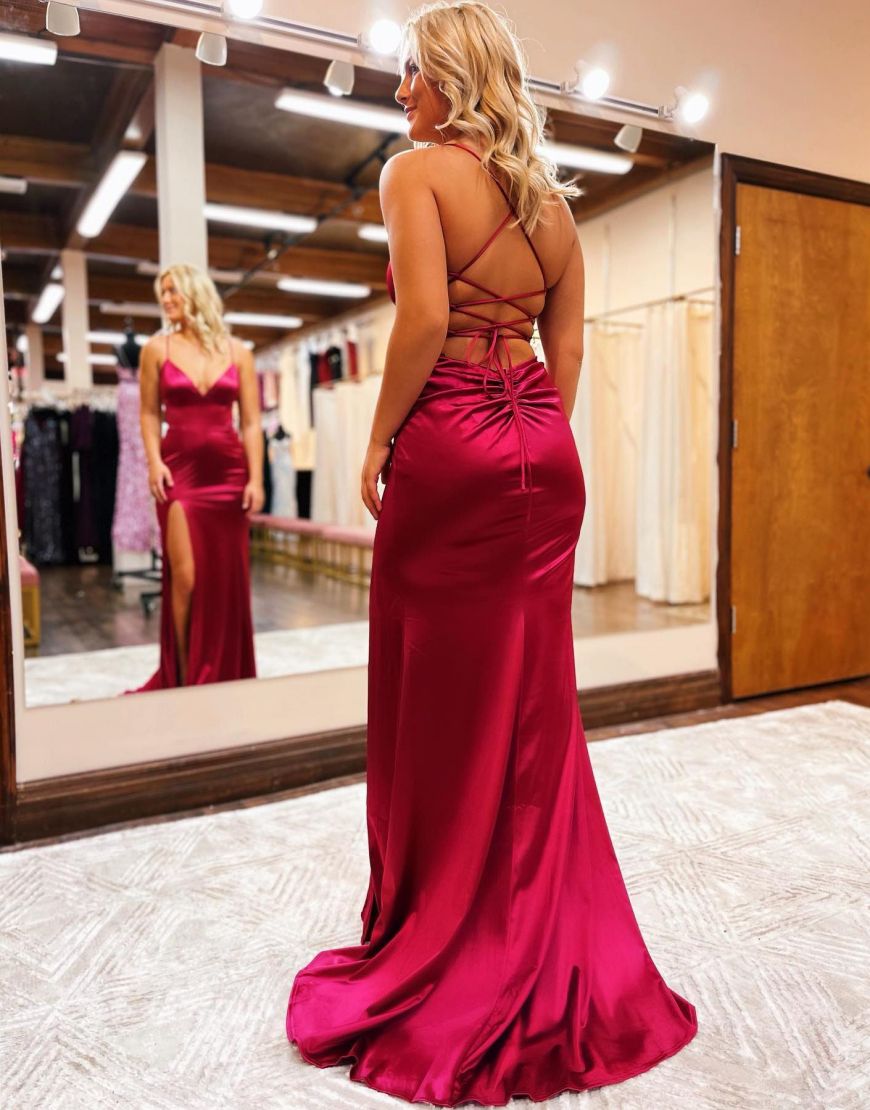 Elastic Satin Spaghetti Straps Long Prom Dress With Split