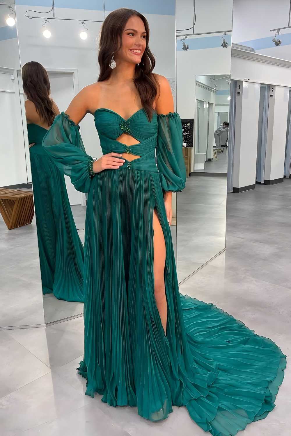 Elegant A-Line Court Train Prom Dress With Detachable Sleeves