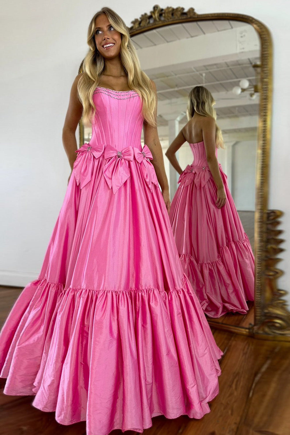 Elegant A-Line Strapless Long Satin Prom Dress with Bowknot