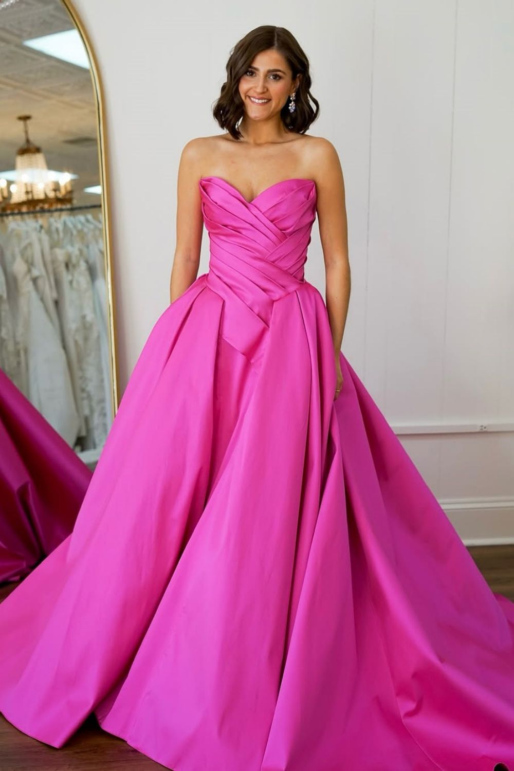 Elegant Pink A-Line Strapless Long Court Train Satin Prom Dress
