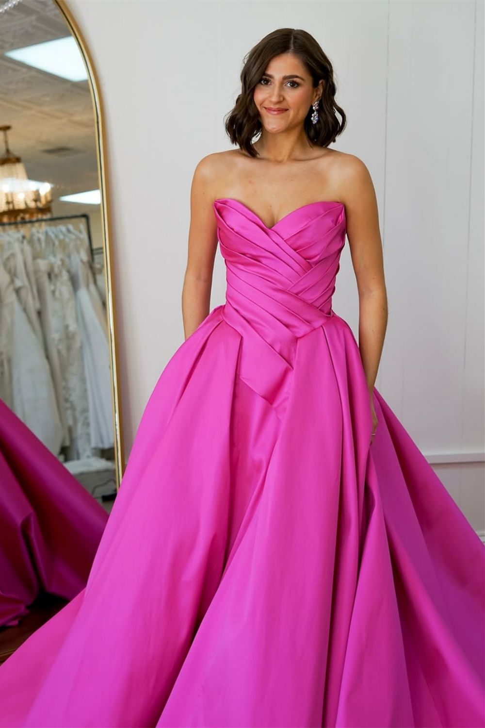 Elegant Pink A-Line Strapless Long Court Train Satin Prom Dress