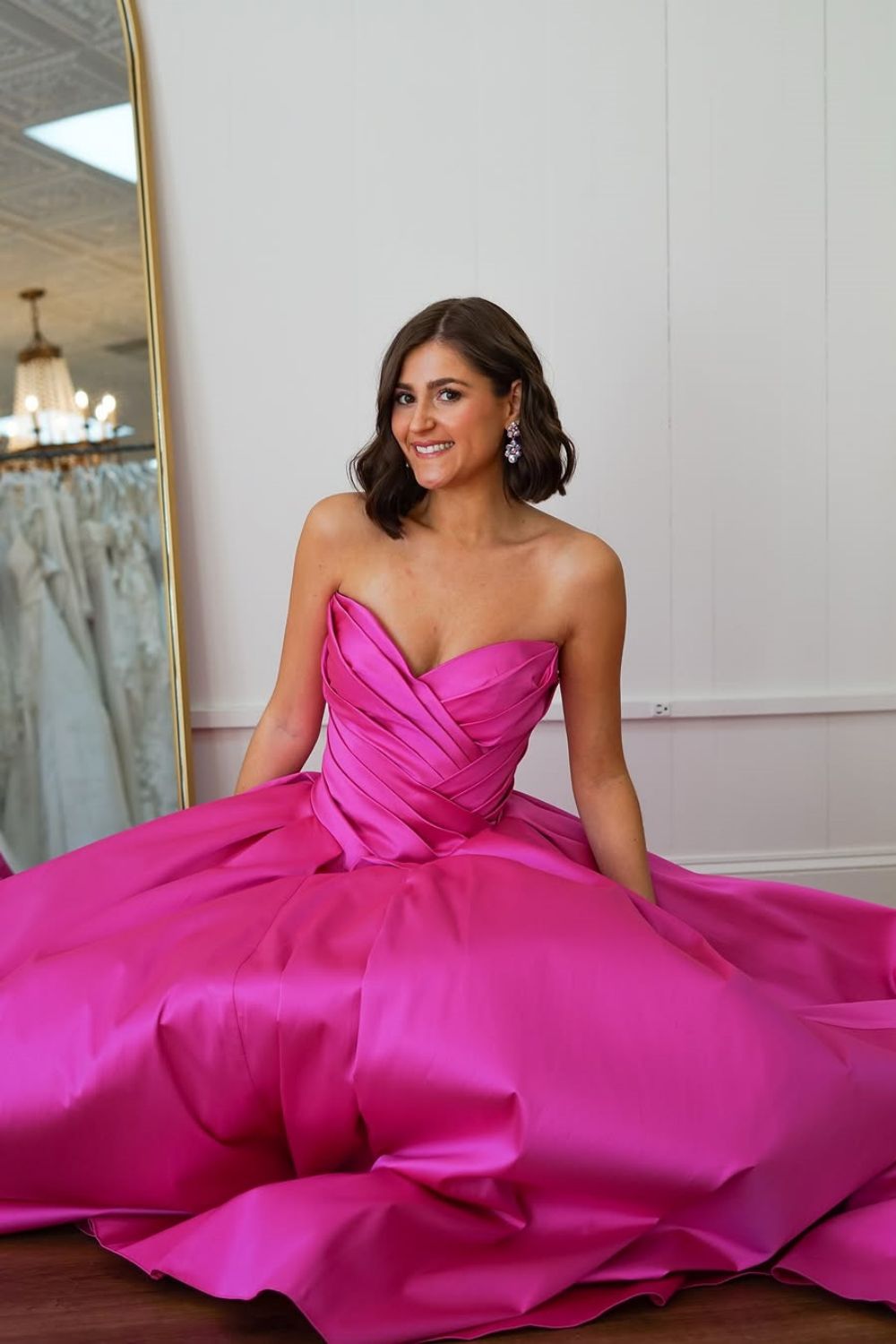 Elegant Pink A-Line Strapless Long Court Train Satin Prom Dress