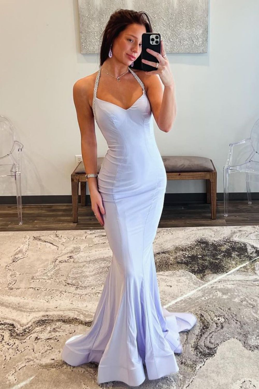 Elegant White Mermaid Beaded Halter Neck Long Prom Dress