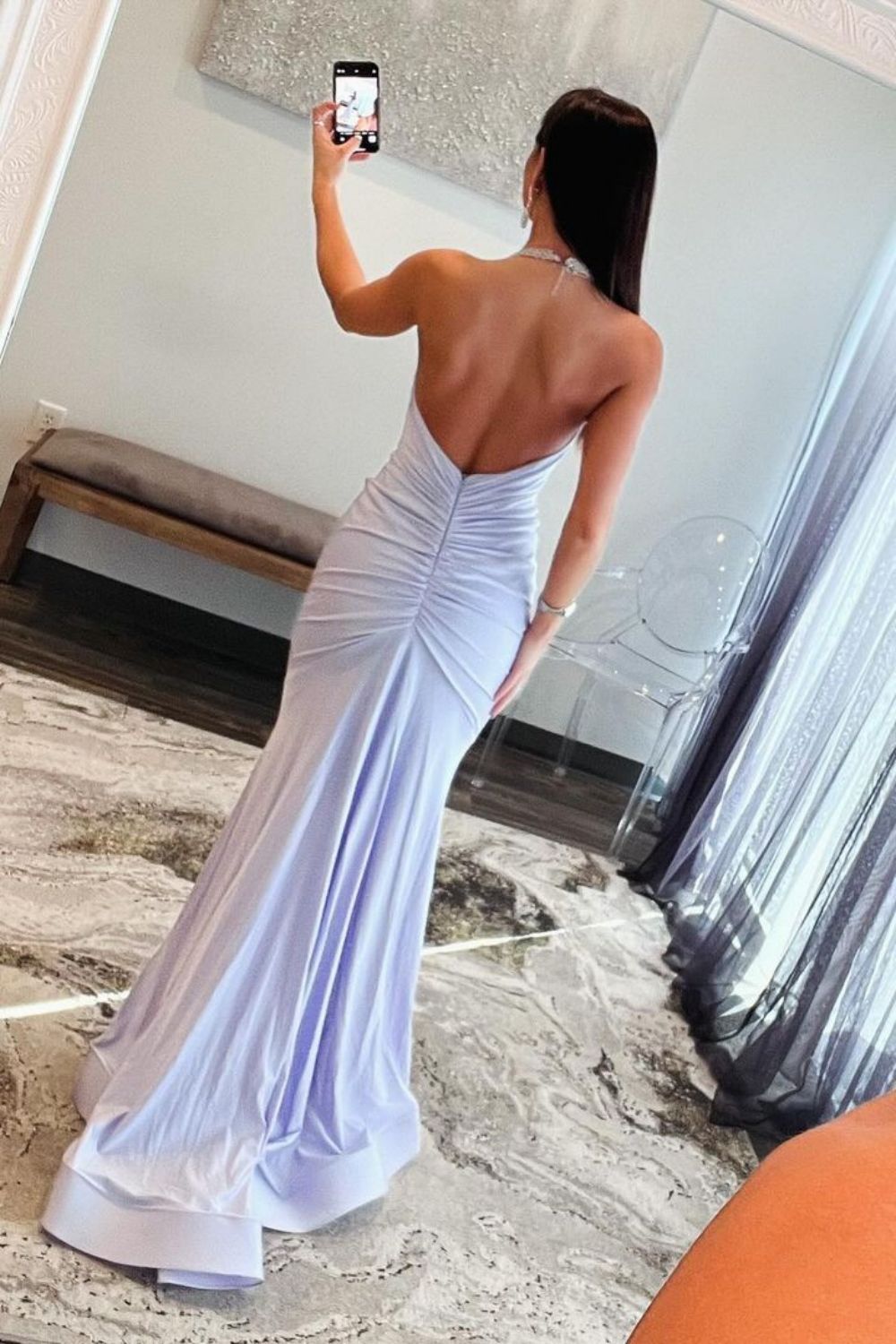 Elegant White Mermaid Beaded Halter Neck Long Prom Dress