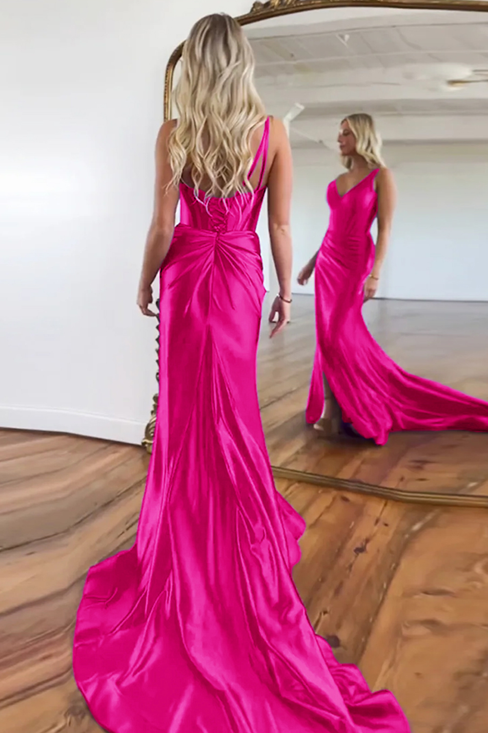 Purple Satin V-Neck Sweep Train Mermaid Prom Dress With Slit